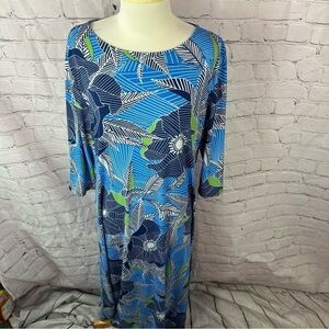 the look Chic Blue Green tropical Floral Dress sz XL 3/4 sleeve bateau neck